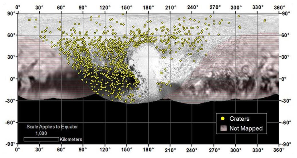 Geographic map of Pluto, a dwarf planet, with craters highlighted as a light green circle.