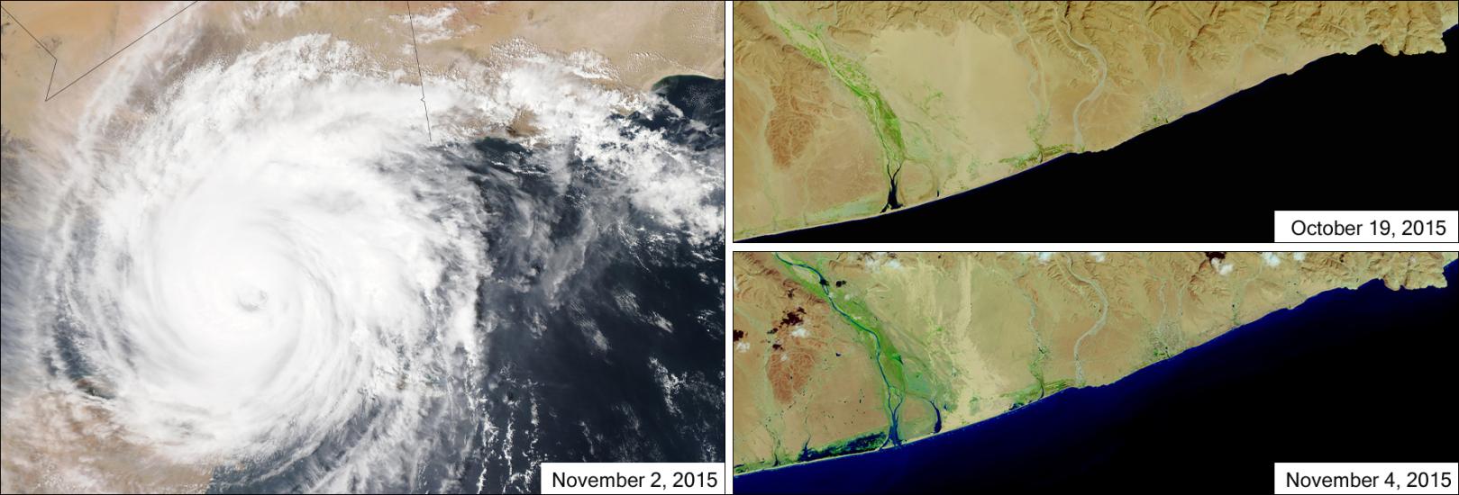 Three satellite perspectivess of the Arab Peninsula and the coast of Yemen prior, during, and after Cyclone Chapala made landfall. The left view shows the landfall of the tropical cyclone, while the view on the top right shows the coast prior to landfall and the bottom right view shows the coast following landfall. The after landfall view shows many areas of standing or flowing waters not seen prior to landfall.