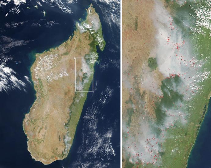 Two satellite perspectives of Madagascar. The left perspective shows the whole island while the right perspective reveals fires burning on the eastern part of the island with smoke visible.