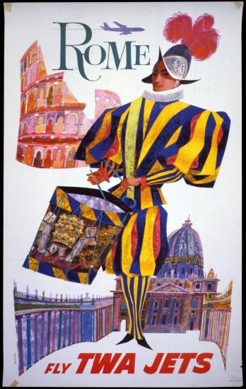 Early-1960s poster promoting traveling to Rome. The poster features a person in yellow, red, and blue Swiss Guard gear in front of the Vatican. The poster also features the Roman Coliseum 