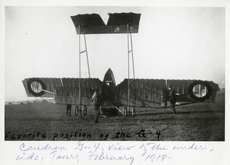 Military biplane in nosed over position. Caption written below photo is incorrect. It is an earlier plane model, the Cauldron G-3 is the model instead of the Cauldron G-4 mentioned.