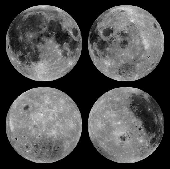 Four disk views of different areas of the Moon, with the disk views seen at the highest point of brightness on the Moon. Darker areas represent basalt rock.