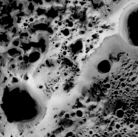 Map of the north pole region of the Moon, revealing which areas of the region receive the least amount of sunlight compared to other areas.