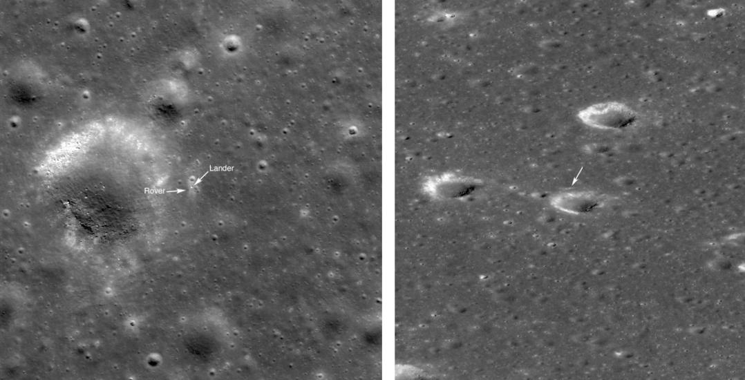 Two sections of the Moon with a flat surface and minimal craters. The left section is known to be the landing site of a Chinese rover, where the right side is the landing site of a Chinese robotic spacecraft.