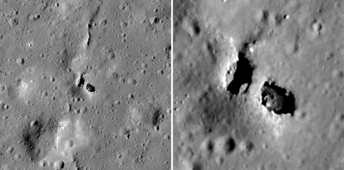 Two openings on the Moon are actually one opening with a natural bridge in the middle of the opening.