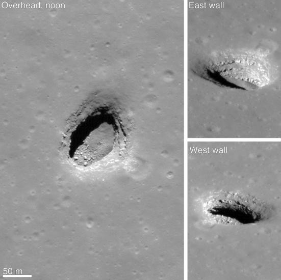 Three different views of a pit on the Moon that reveals subsurface lava flows.