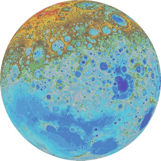 Topography map of the Moon with the North Pole in the center, as colored in mostly light blue. Orange and red colors represent the nearby farlands 