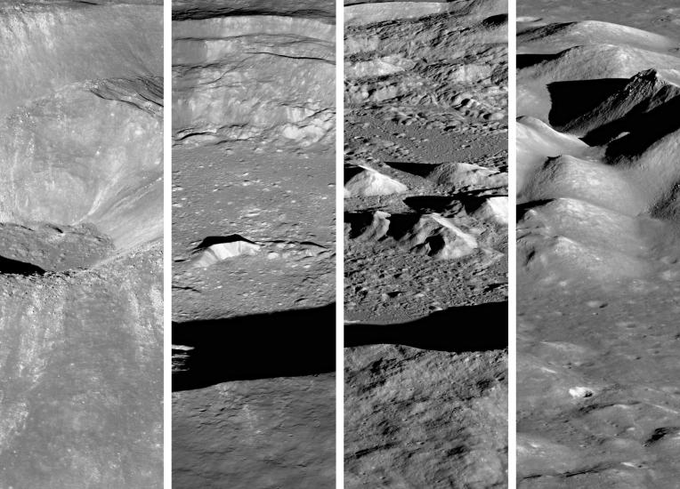 Four separate views of mountain formations on the Moon.