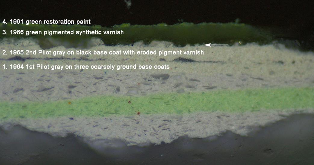 Labeled cross section of layered paint on a spaceship studio model for the television show Star Trek. The bottom layer is a dark gray, but future layers show a lighter gray and then green paints used to restore the paint on the model.