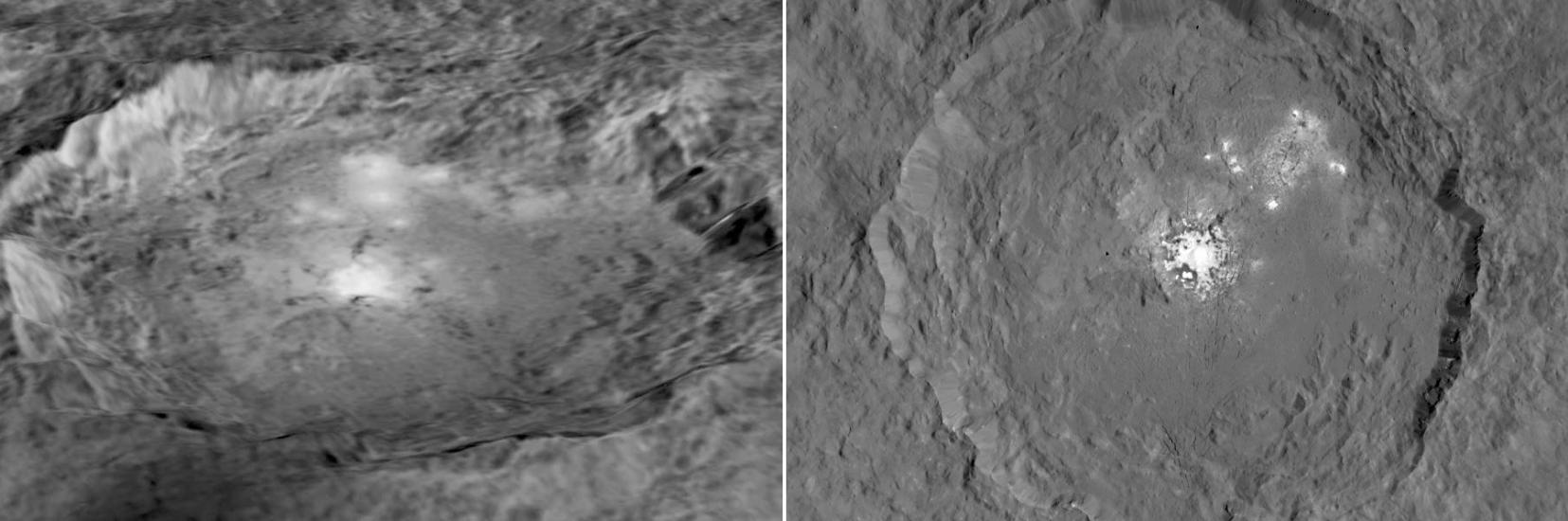 Two close-up views of a crater on Ceres, a dwarf planet, with a nearly-white spot inside a crater that is much brighter than the rest of the planet.