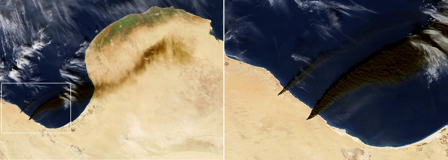 Two satellite views of an area of Libya where oil fires are taking place. The second view shows a better view of the black plumes of smoke rising from the fires.