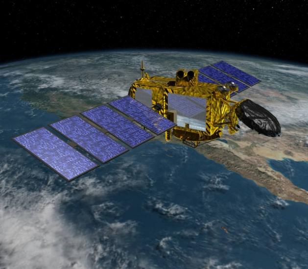 Artist concept of satellite orbiting Earth with gold-covered rectangular prism base and four solar panels apiece on two sides.