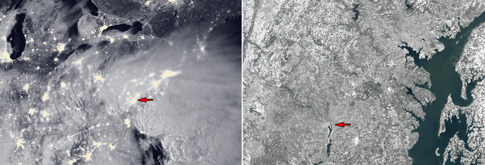 Two satellite perspectives of a large winter storm system with a red arrow pointing out the Washington, D.C. area. The left view shows the snowstorm over the area whereas the second view shows the aftermath of the snowstorm.