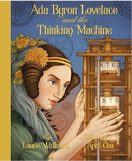 A book cover of a woman with a fancy hair do looking at a calculating machine.