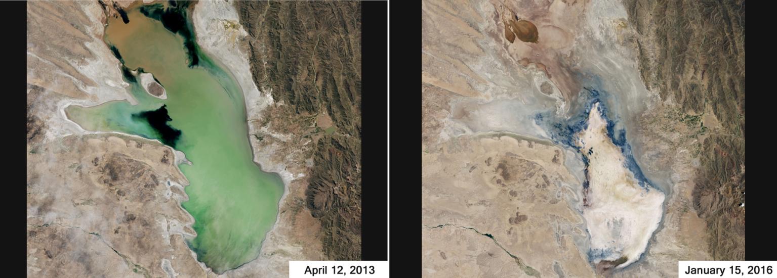 Two views of a large lake in the mountains of Bolivia. The left view shows a full lake whereas the second view shows the lake dried up.