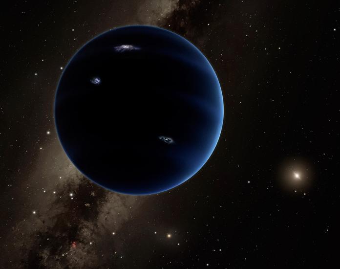 Artist concept of a dark blue planet that is hypothesized to exist far in the depths of the solar system.