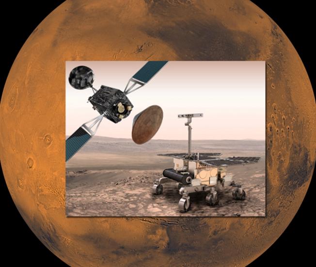 Artist concept displaying all three components of a Mars exploration program. A rover, orbiter with a box-shaped base and solar panels on two sides, and conic-shaped landing module are all present in the concept.