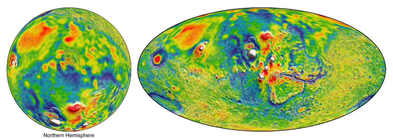 Two maps displaying gravity on Mars. White colors represent the highest areas of gravity whereas blue colors represent lower areas of gravity.