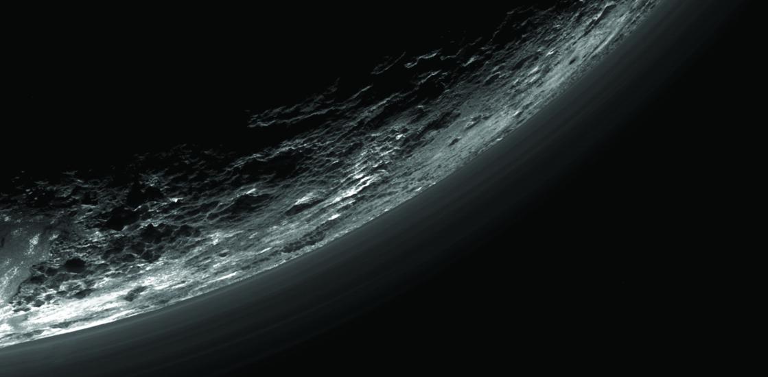 Close-up view of translucent haze in terrestial dwarf planet Pluto's atmosphere.