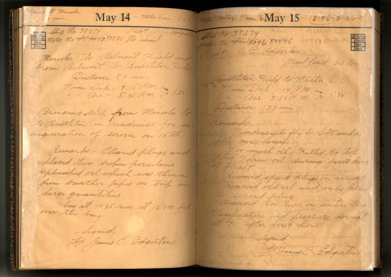 Two pages of a logbook featuring the experiences of pilot James Edgerton during the first mail flight.