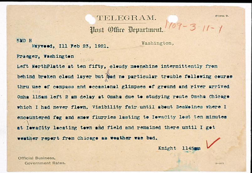 Telegram message written to the Post Office Department by pilot Jack Knight describing his experiences on a new flight path.