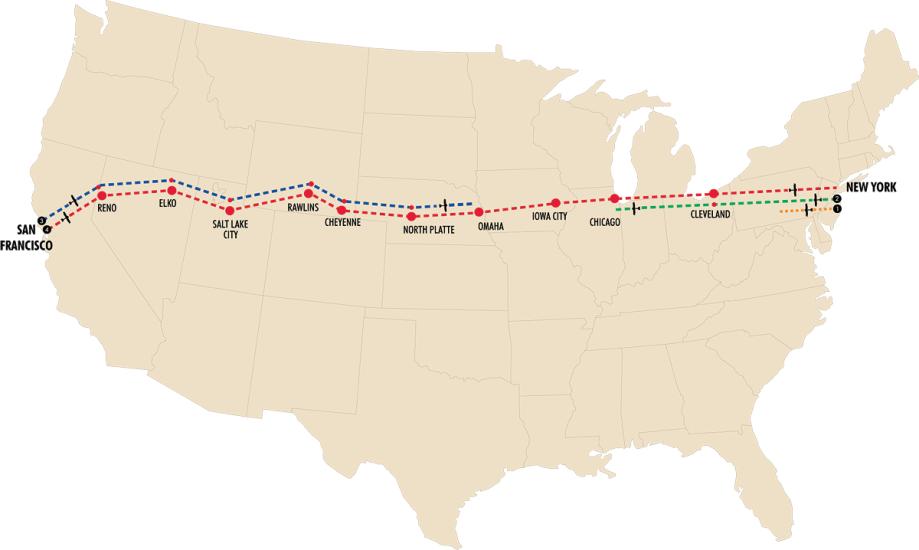 Map of the United States with four separate dotted lines representing four attempts of the first air mail flight between the East Coast and West Coast of the United States. Only one line, the red dotted line, shows a successful air mail flight between both coasts.