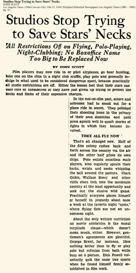 A newspaper opinion clip suggesting that film studios should stop preventing their film stars from performing risky behaviors.