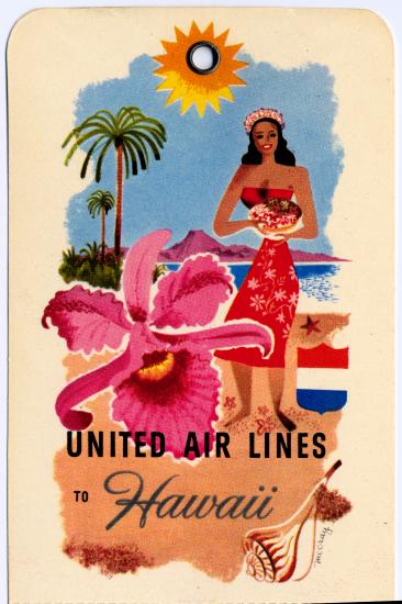 Promotion of United Air Lines flights to Hawaii, featuring artwork of a Hawaiian woman on a beach as well as a hibiscus and conch shell.