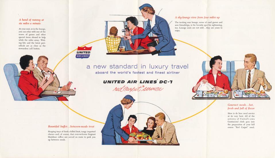 A four-panel brochure for United Airlines offering luxury services on their airline.