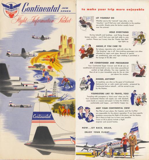 Two panel air line brochure promoting luxury features available on Continental Air Lines.