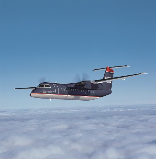 Side view of commercial aircraft in flight. The aircraft features two engines on the wings and dark blue and white US Airways livery.