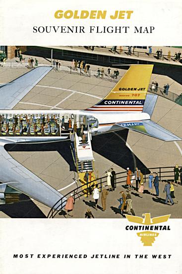 Advertisement for Continental Airlines that consists of a souvenir flight map with cover art featuring people boarding the back of a commercial aircraft while others view the aircraft.