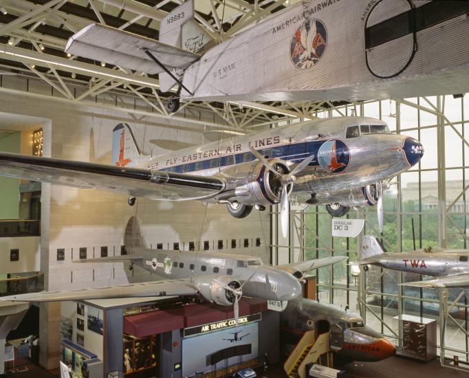 DC-3 hanging on display