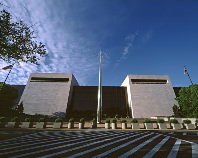 The exterior of the National Air and Space Museum's three-story National Mall Building as seen from the side facing the National Mall.