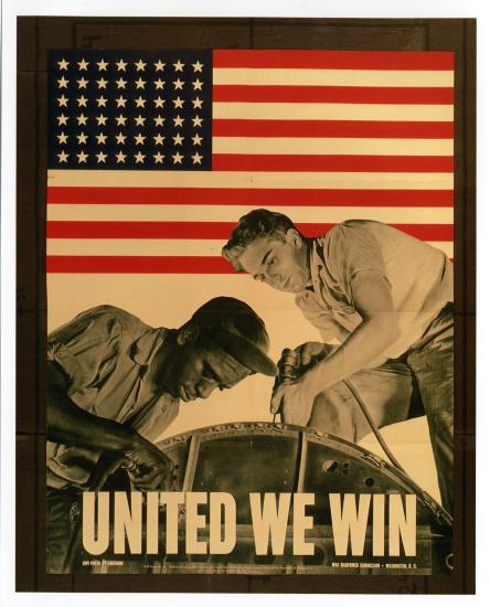 war propaganda poster, united we win, two workers and american flag