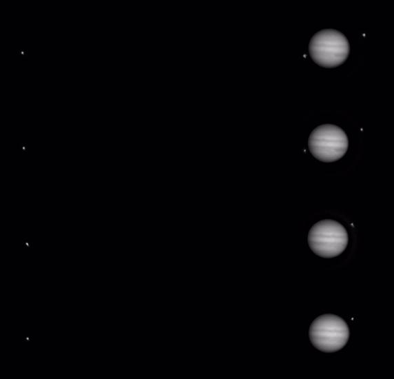 A set of images of Jupiter and three of its moons.