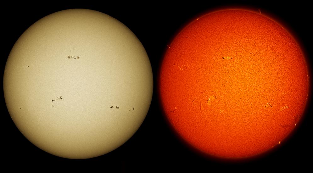 Two images of the sun using different telescopes but taken during the same day. The left image provides a yellow-colored disk with multiple sunspot clusters visible. The second image features a red-orange disk with multiple sunspots and prominences above the chromosphere.