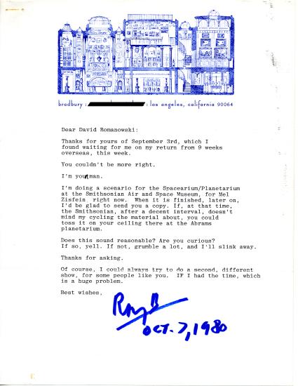 Letter from Ray Bradbury to David Romanowski