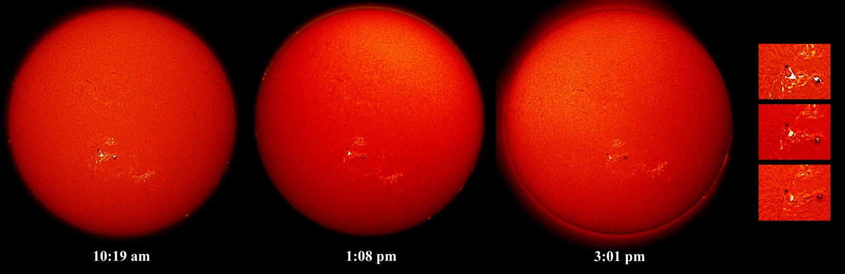 Multiple disk images of the Sun highlight the cycle of a solar flare.