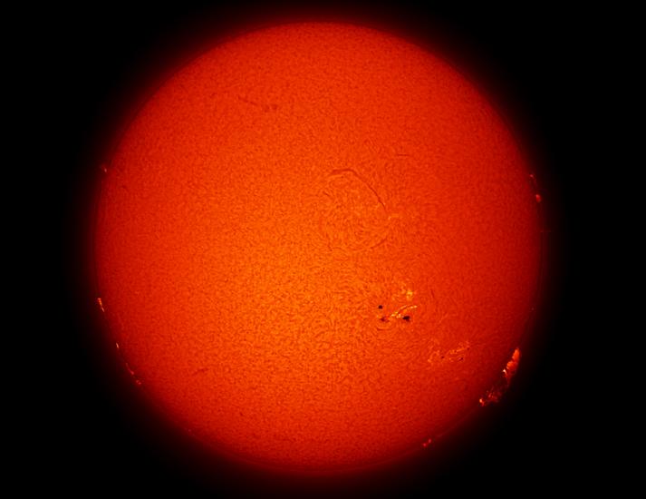 Disk view of the Sun with a large sunspot cluster and a large prominence floating above the surface of the sun.