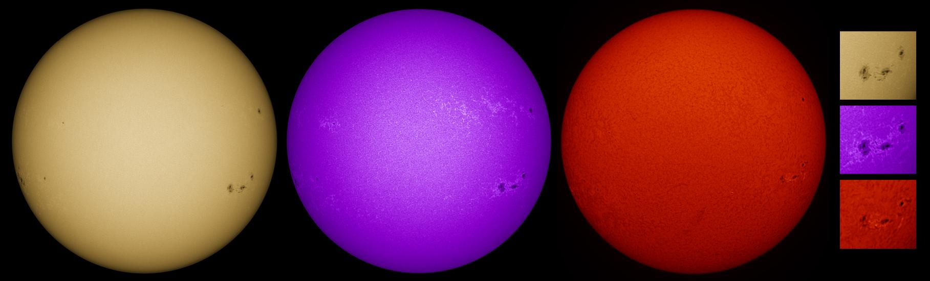 Three disk images of the Sun using different telescope cameras. Each layer shows a different part of the sun, revealing sunspots, phages, and faculae.