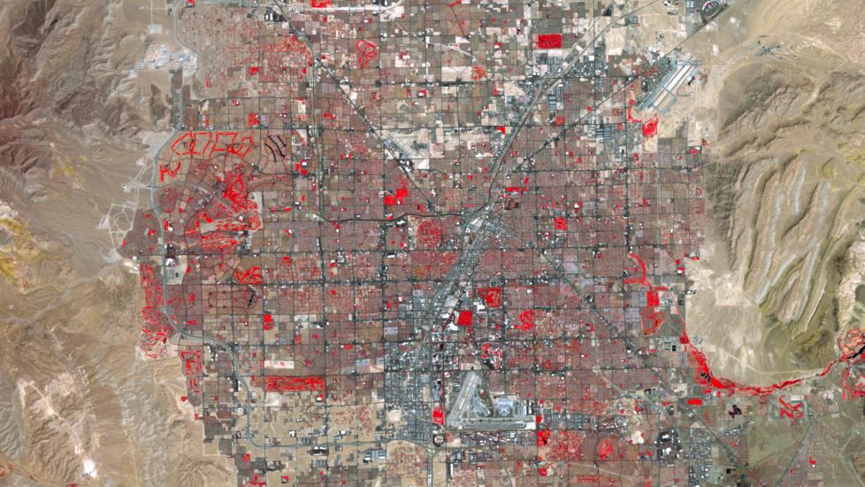 Satellite image of Las Vegas and the deserts surrounding the city.