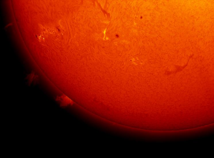 Partial disk view of the Sun which features two prominences of gases rising off the edge of the disk, two darker lines known as filaments of gases rising from the Sun in the middle of the disk, and multiple sunspots and sunspot clusters.