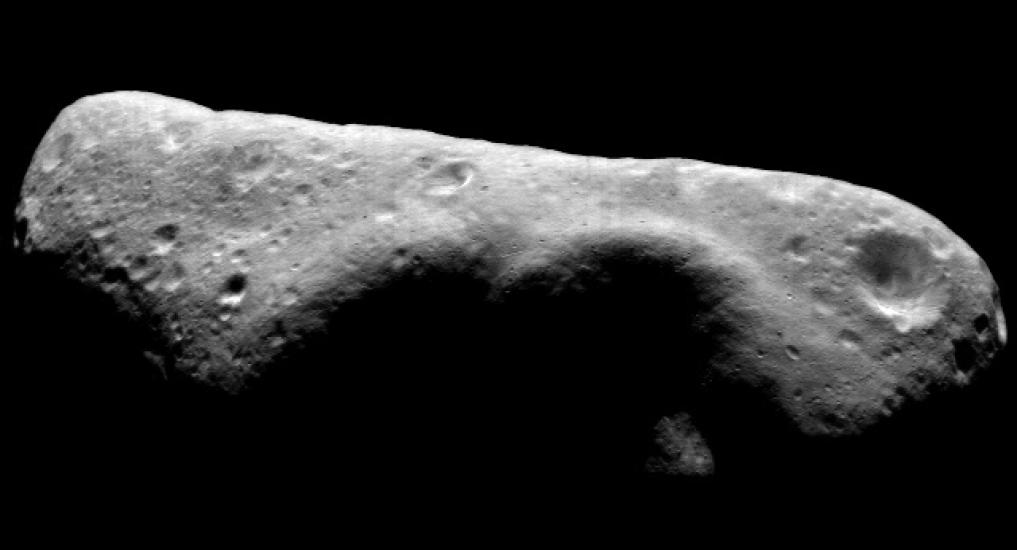 A mosaic view of a oblong-shaped asteroid.