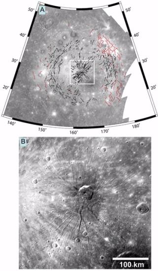 Lambert projections of Caloris Basin on Mars showing graben and wrinkle ridges.