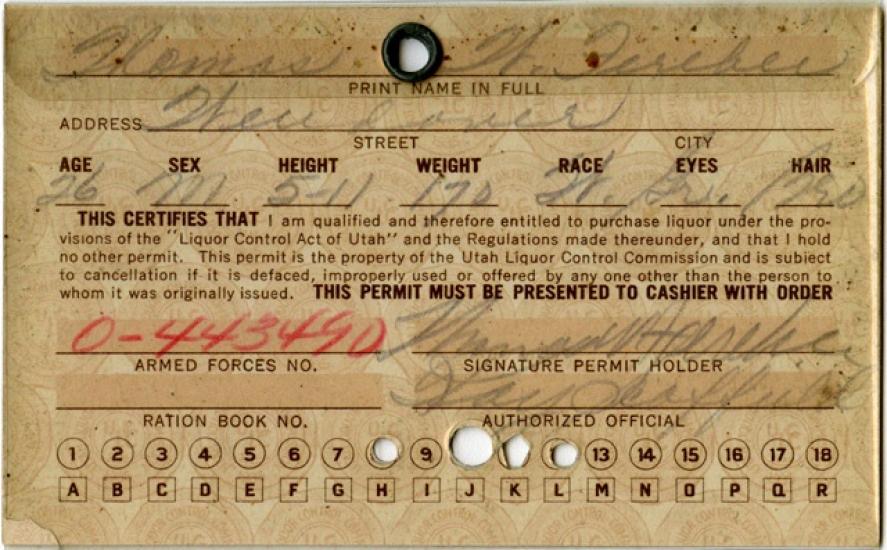 Major Thomas Ferebee’s Utah Liquor Ration Card