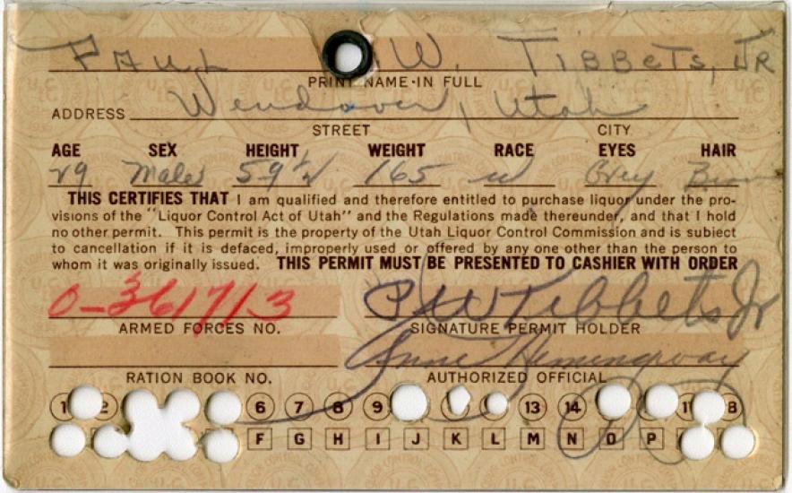 Colonel Paul Tibbets’ Utah Liquor Ration Card