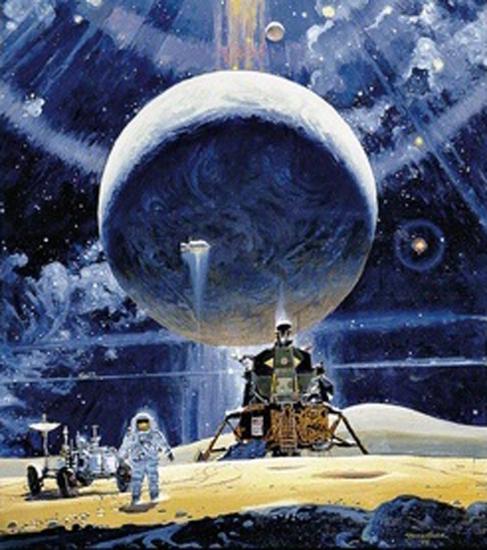 A section of a space mural featuring an astronaut on a surfacable rocky object near a lunar module and lunar lander. Above the surface is a large celestial body.