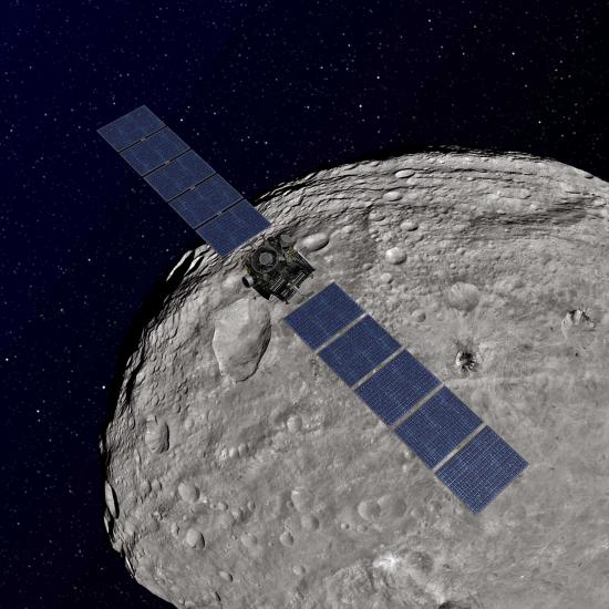 An artist's rendering of a spacecraft with very long sets of solar panels compared to the body of the spacecraft orbiting an asteroid.