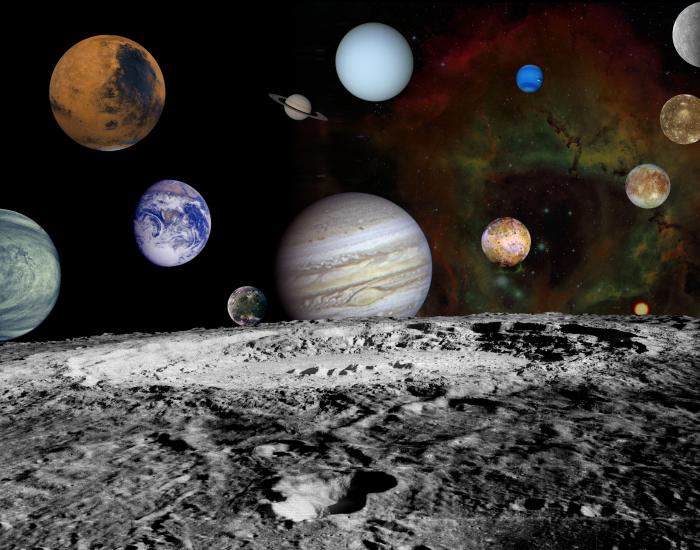 A view of all eight planets, Pluto, and four moons belonging to Jupiter from the perspective of one of Jupiter's moons.